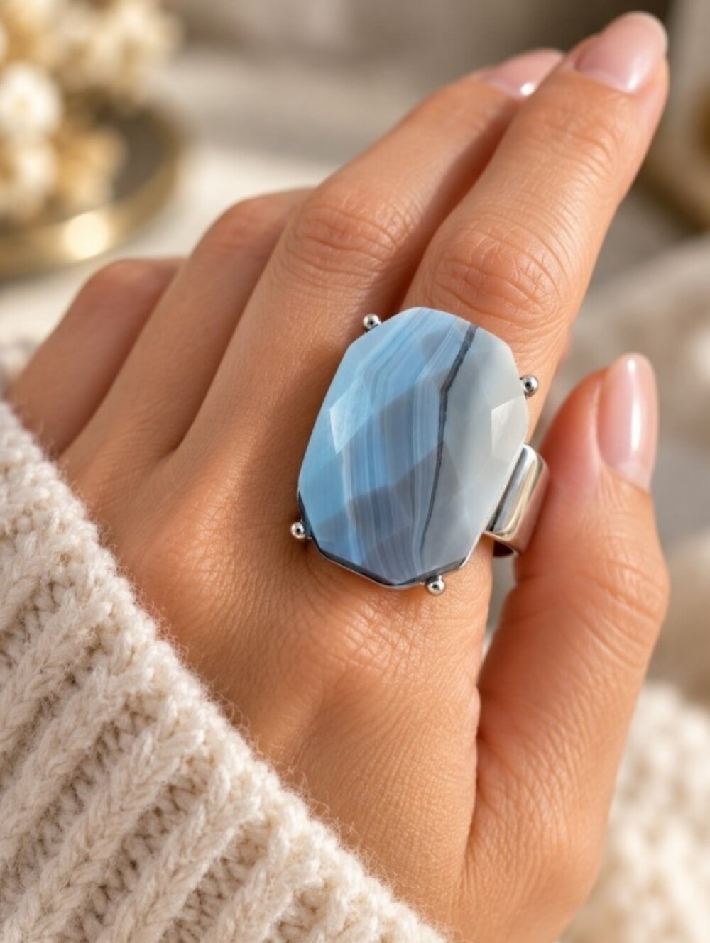 Express Blue Gray Banded Agate Octagon Statement Ring Natural Stone Chunky